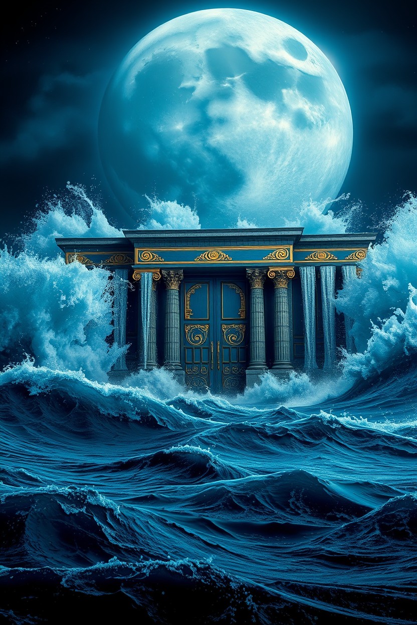 A violent night sea with a gigantic mega moon illuminating the sky