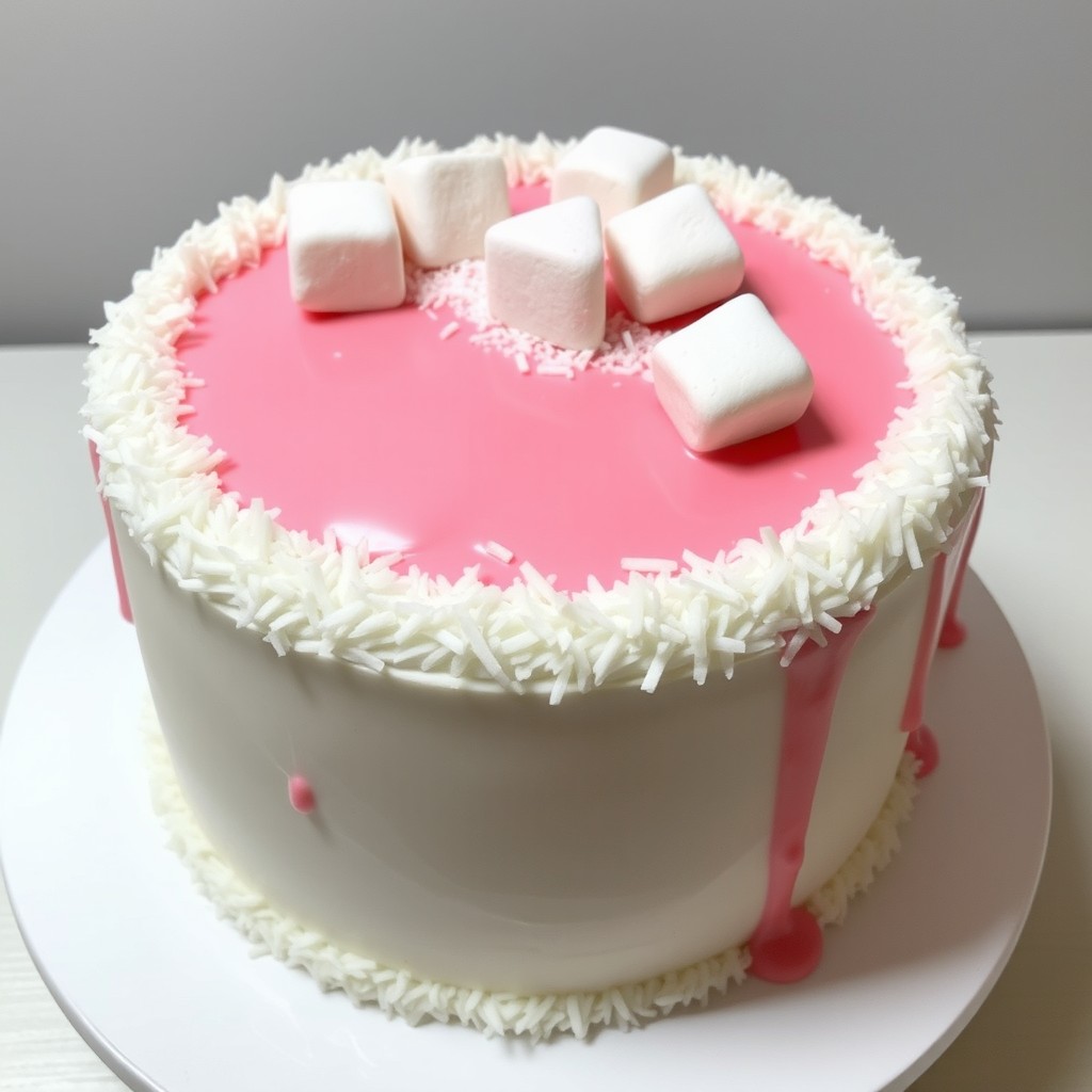 A beautifully decorated cake covered with a white ganache, topped with a glossy pink glaze that cascades down the sides