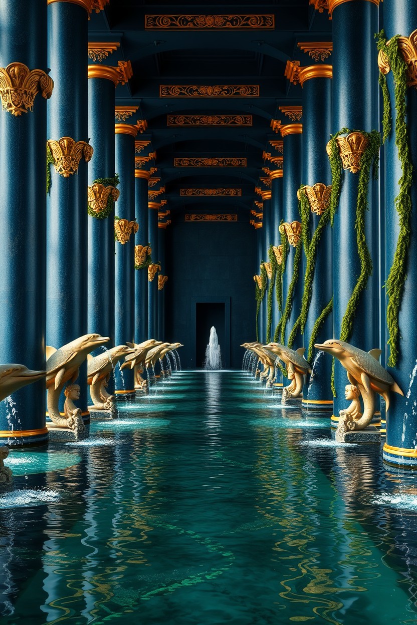 An interior of a sanctuary featuring dark blue columns and walls adorned with aquatic golden details