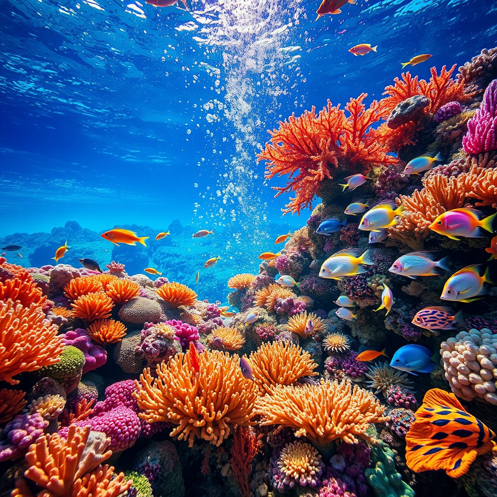 A stunning underwater scene showcasing a vibrant coral reef, teeming with colorful fish and marine life