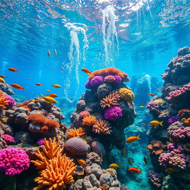 A stunning underwater scene showcasing a vibrant coral reef, teeming with colorful fish and marine life