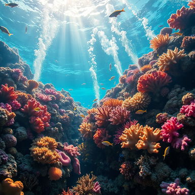 A stunning underwater scene showcasing a vibrant coral reef, teeming with colorful fish and marine life