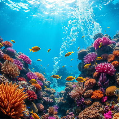 A stunning underwater scene showcasing a vibrant coral reef, teeming with colorful fish and marine life