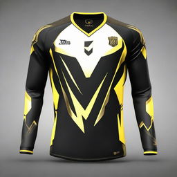 Generate a rotating 360° image of the second sleek, full-sleeved e-sports jersey, featuring a striking contrast between the darkest black and vibrant gold accents.