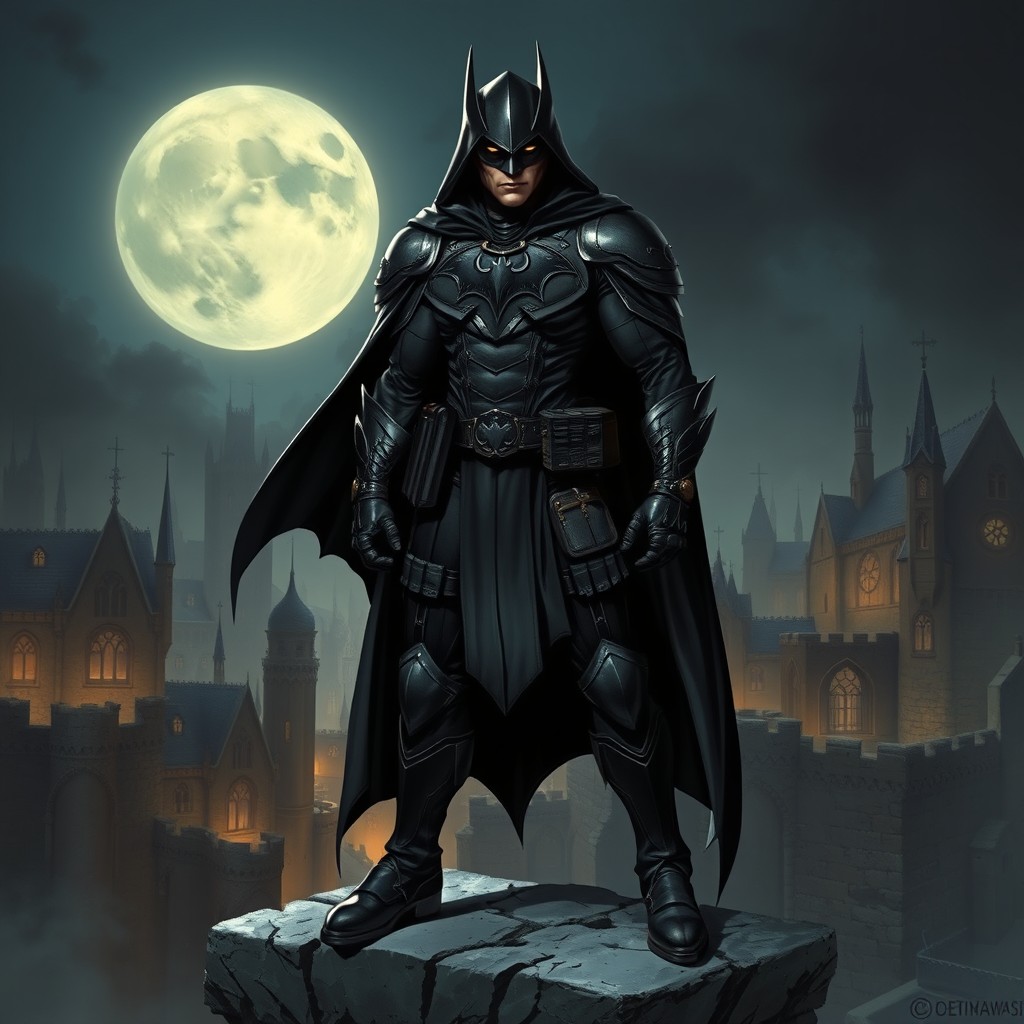 A dark and brooding vigilante character inspired by classic comic book heroes, set in a fantastical Dungeons and Dragons universe