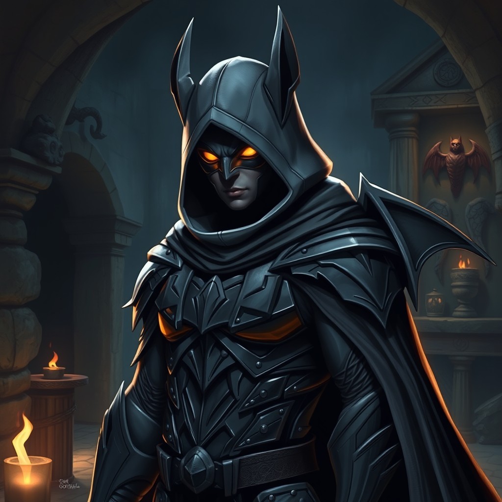 A bat-inspired vigilante character in a dark fantasy setting, wearing a sleek hooded cowl that blends with shadows