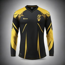 Generate a rotating 360° image of the second sleek, full-sleeved e-sports jersey, featuring a striking contrast between the darkest black and vibrant gold accents.