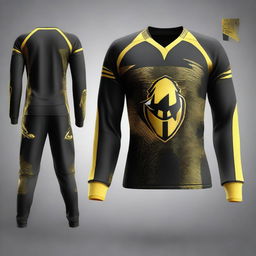 Generate a rotating 360° image of the second sleek, full-sleeved e-sports jersey, featuring a striking contrast between the darkest black and vibrant gold accents.