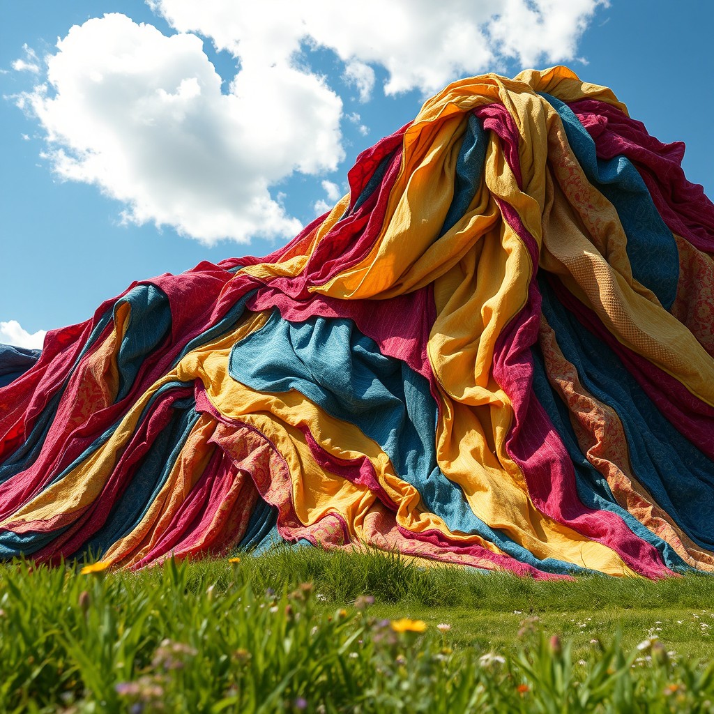 A fantastical cloth mountain made entirely of colorful textiles, featuring layers of intricate patterns and textures in vibrant hues of red, blue, yellow, and green