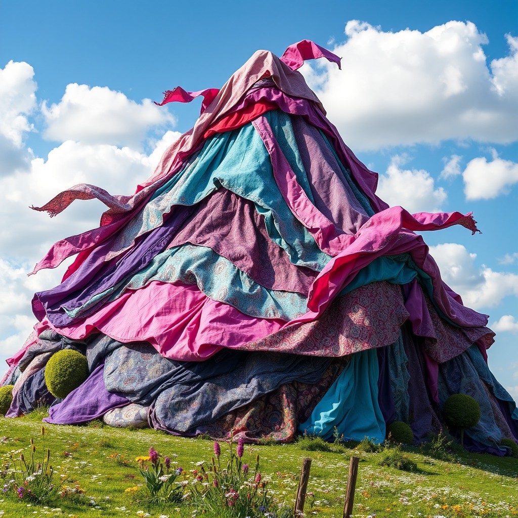 A stunning cloth mountain crafted entirely from various fabrics, showcasing layers of colorful textiles in shades of purple, pink, and teal