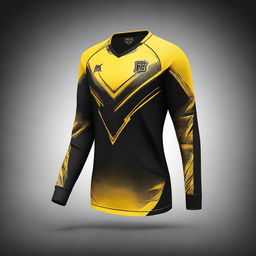 Generate a rotating 360° image of the second sleek, full-sleeved e-sports jersey, featuring a striking contrast between the darkest black and vibrant gold accents.