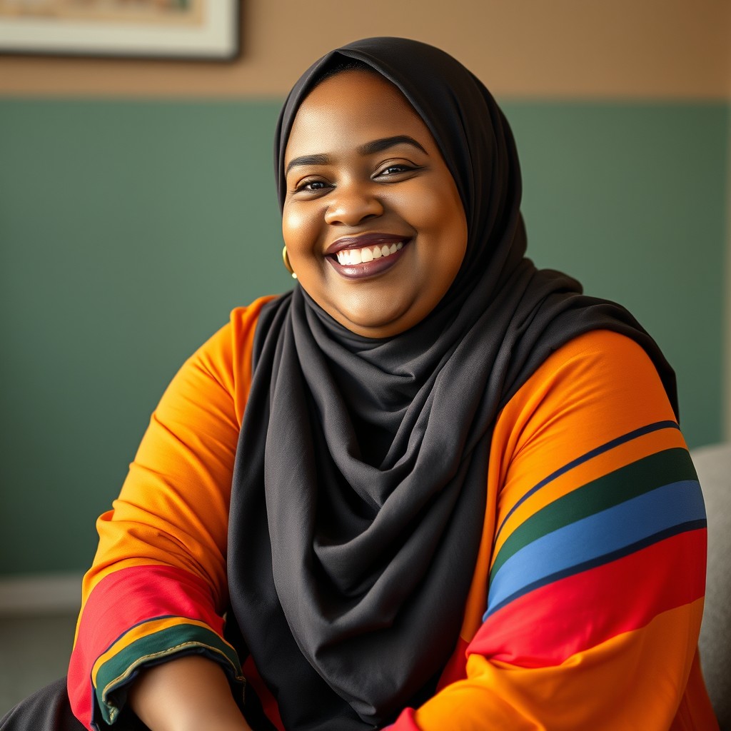 A realistic and natural portrait of a beautiful, sweet, plus-sized woman wearing a hijab