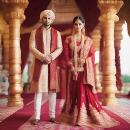 A Hindu couple in traditional wedding attire, the bride draped in a rich red saree with gold jewelry, the groom in a detailed Sherwani. They are standing in front of a beautifully decorated mandap, ready for marriage.