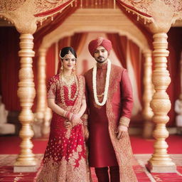 A Hindu couple in traditional wedding attire, the bride draped in a rich red saree with gold jewelry, the groom in a detailed Sherwani. They are standing in front of a beautifully decorated mandap, ready for marriage.