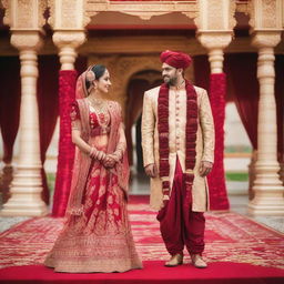 A Hindu couple in traditional wedding attire, the bride draped in a rich red saree with gold jewelry, the groom in a detailed Sherwani. They are standing in front of a beautifully decorated mandap, ready for marriage.