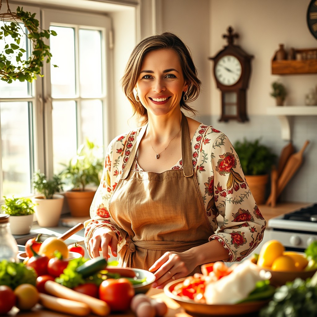A portrait of a graceful housewife in her cozy kitchen, wearing a stylish apron and peasant blouse