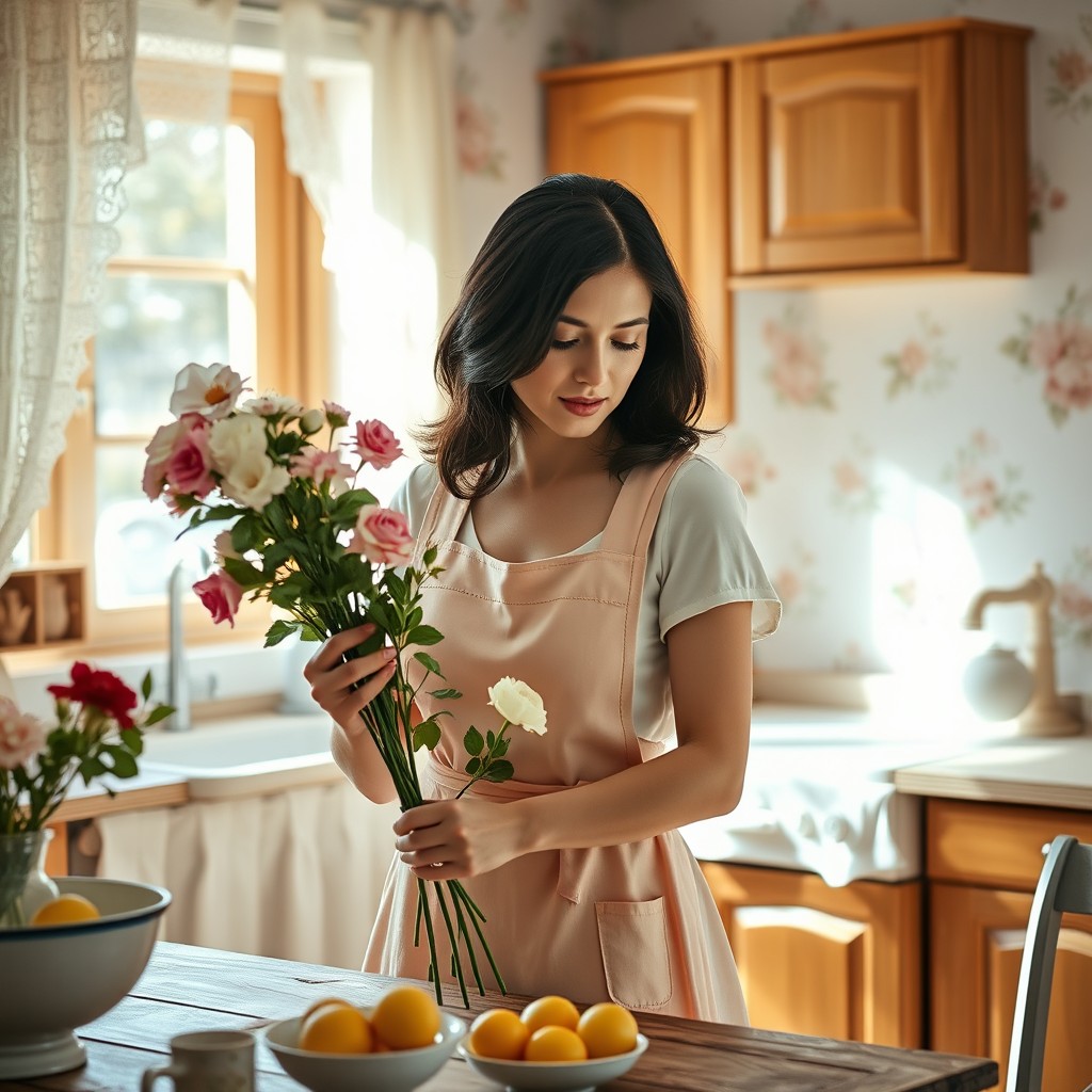 A charming and elegant housewife, gracefully arranging flowers in a sunlit kitchen filled with vintage decor