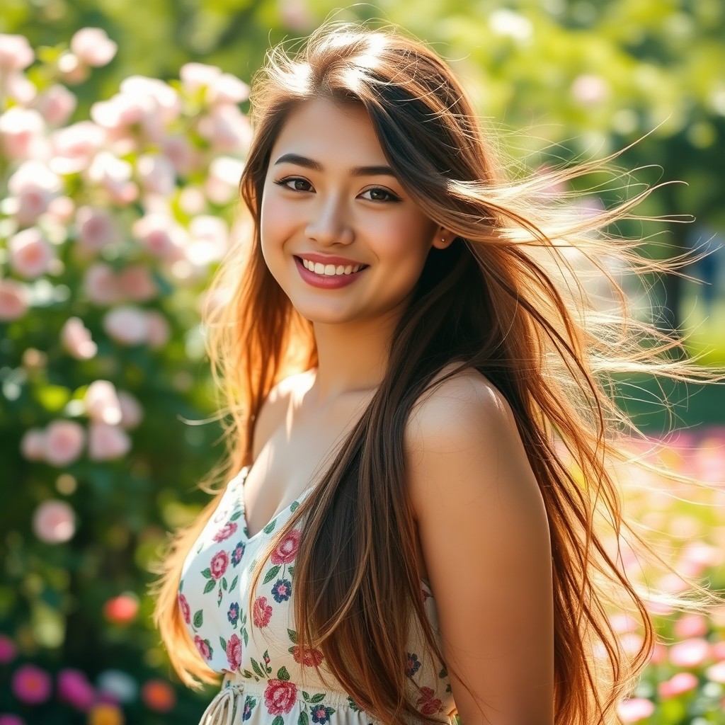 A stunning 19-year-old woman with long flowing hair, radiating youthful energy and confidence