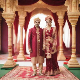 A Hindu couple in traditional wedding attire, the bride draped in a rich red saree with gold jewelry, the groom in a detailed Sherwani. They are standing in front of a beautifully decorated mandap, ready for marriage.