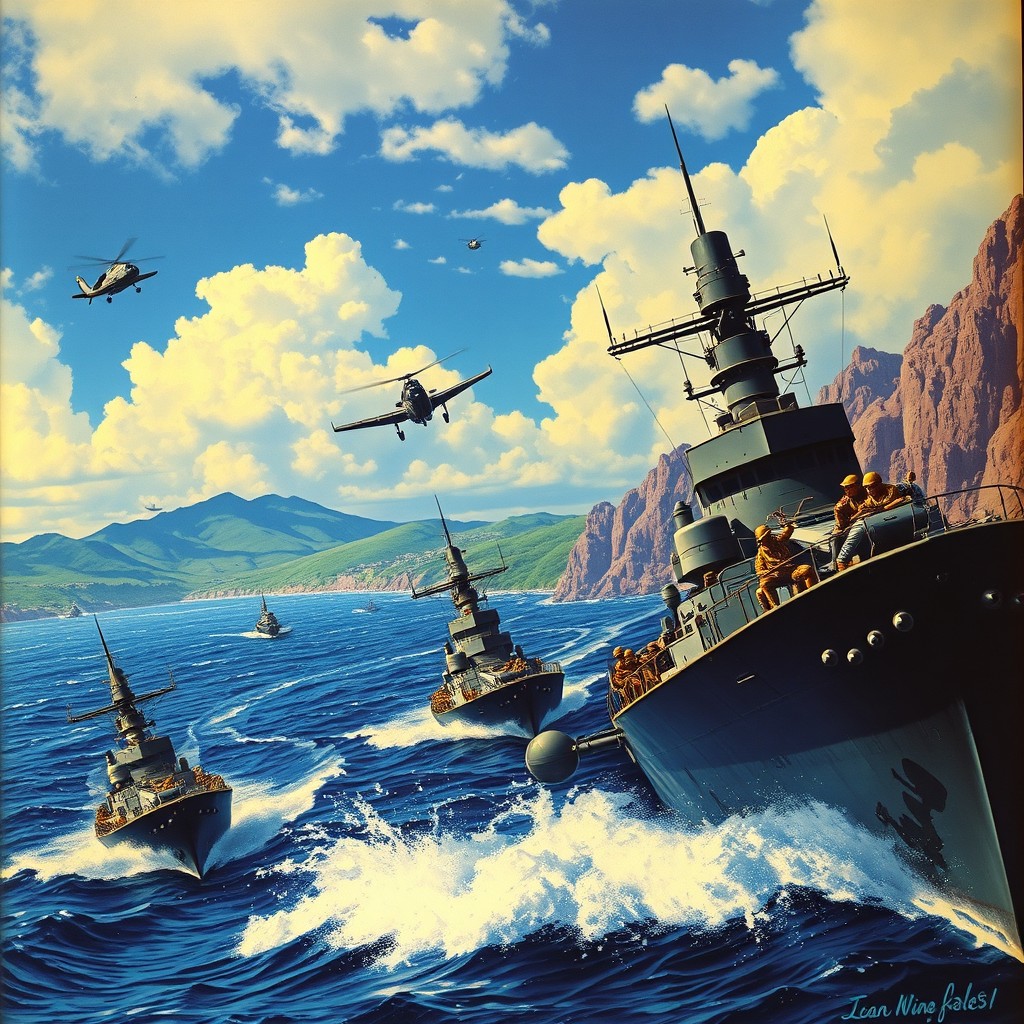 A historical scene depicting the naval invasion of Lacerta by Orion forces to liberate it from Antarian rule, circa 1961