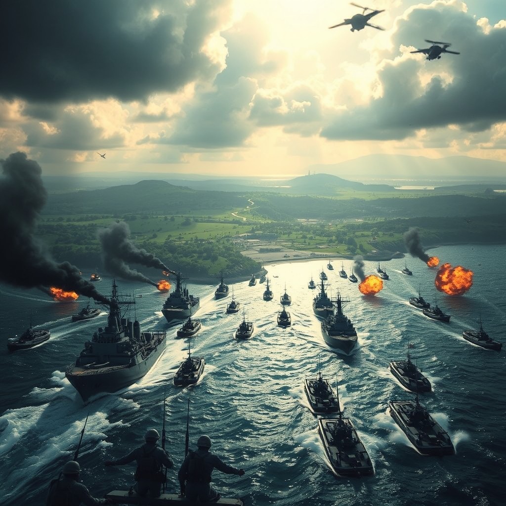 A dramatic scene illustrating the naval invasion of Lacerta by Orion forces to liberate it from Antarian rule, circa 1961