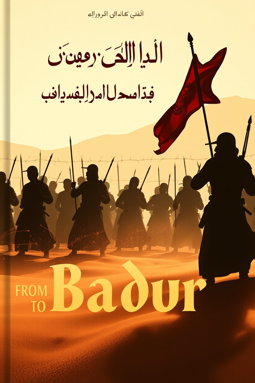 A book cover design for "Becoming from Badr to Uhud" featuring bold Persian calligraphy