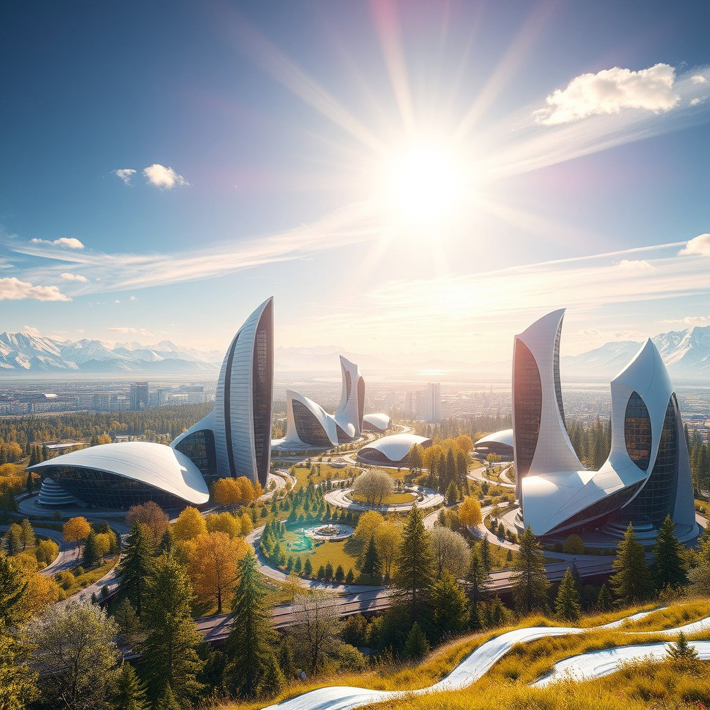 Design a contemporary futuristic city with an innovative architectural style, set against the breathtaking backdrop of Siberian nature