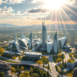 Design a contemporary futuristic city with an innovative architectural style, set against the breathtaking backdrop of Siberian nature