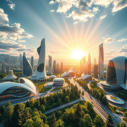 Design a contemporary futuristic city with an innovative architectural style, set against the breathtaking backdrop of Siberian nature