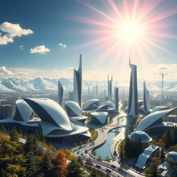 Design a contemporary futuristic city with an innovative architectural style, set against the breathtaking backdrop of Siberian nature