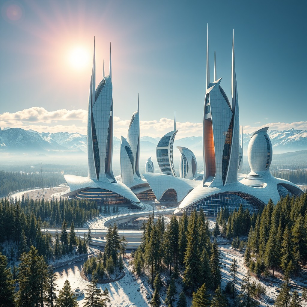 Create a contemporary futuristic city design showcasing innovative architecture set against the stunning backdrop of Siberian nature