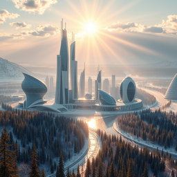 Create a contemporary futuristic city design showcasing innovative architecture set against the stunning backdrop of Siberian nature