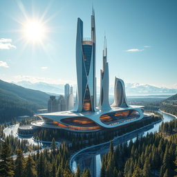 Create a contemporary futuristic city design showcasing innovative architecture set against the stunning backdrop of Siberian nature