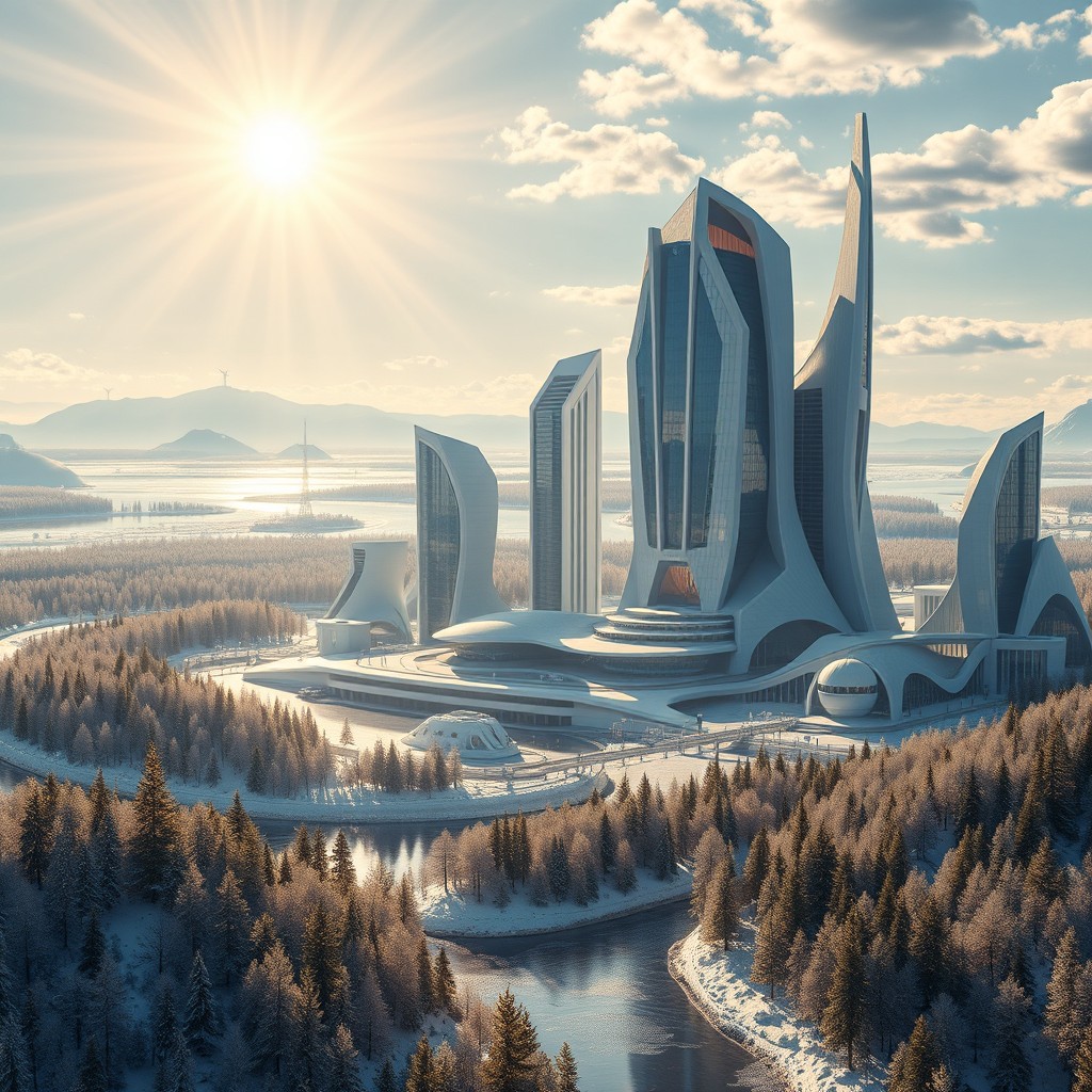 Develop a contemporary futuristic city design featuring innovative architecture, beautifully set against the exquisite backdrop of Siberian nature
