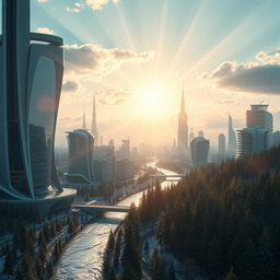 Develop a contemporary futuristic city design featuring innovative architecture, beautifully set against the exquisite backdrop of Siberian nature