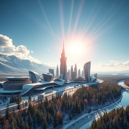 Develop a contemporary futuristic city design featuring innovative architecture, beautifully set against the exquisite backdrop of Siberian nature