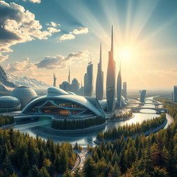 Develop a contemporary futuristic city design featuring innovative architecture, beautifully set against the exquisite backdrop of Siberian nature