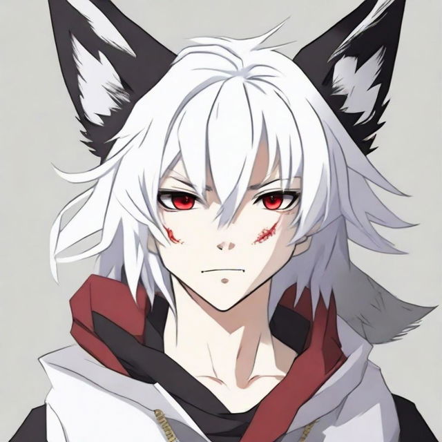 Anime-style 16/17 year old boy with half black, half white hair, one red eye and one white eye, and wolf ears