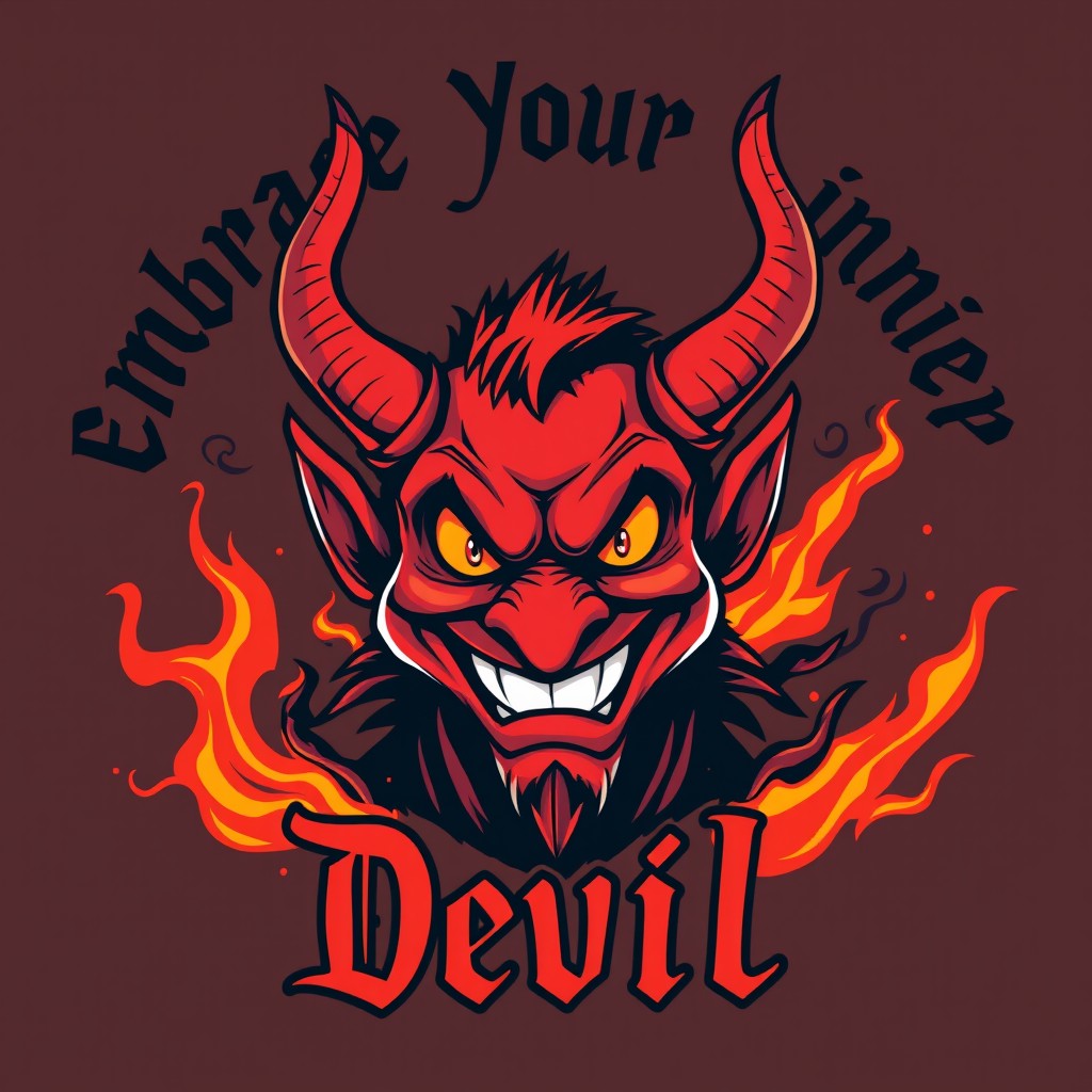 An engaging t-shirt design featuring a devil character with vibrant red skin, prominent sharp horns, and a mischievous grin