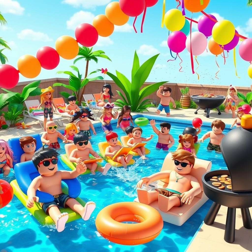 A lively Roblox pool party scene filled with animated characters enjoying a sunny day