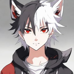 Anime-style 16/17 year old boy with half black, half white hair, one red eye and one white eye, and wolf ears