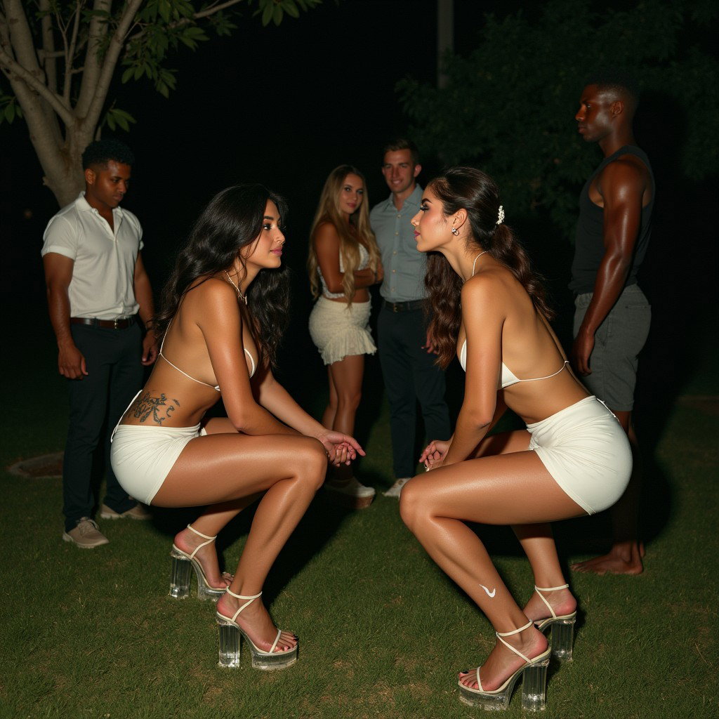 A young mature Latina woman with fair skin, wide hips, prominent buttocks, thick legs, and well-defined calves, sporting a tattoo of the ace of spades on her lower thigh