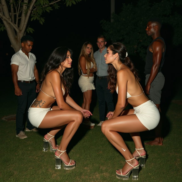 A young mature Latina woman with fair skin, wide hips, prominent buttocks, thick legs, and well-defined calves, sporting a tattoo of the ace of spades on her lower thigh