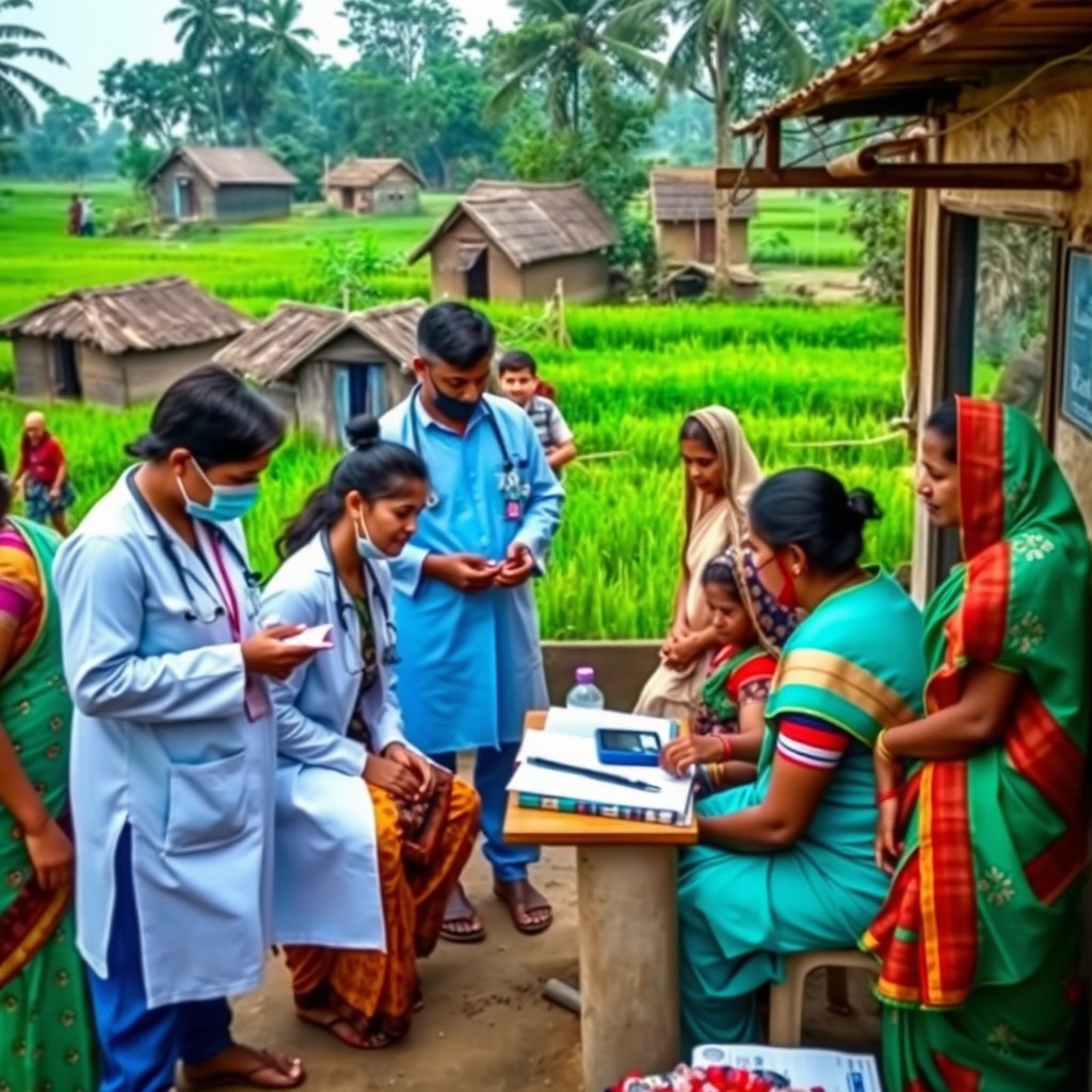 Healthcare professionals, including doctors and nurses, providing medical services in a rural village in Bangladesh