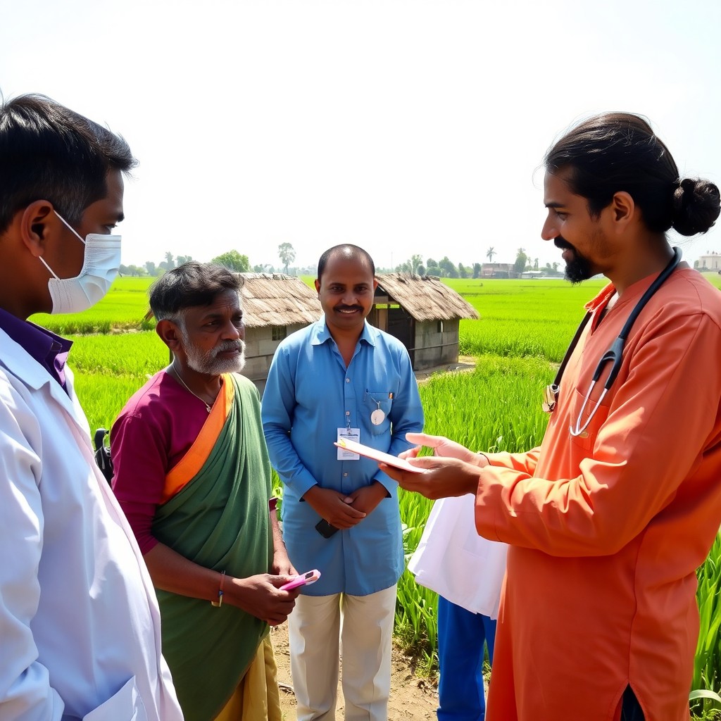 Healthcare professionals, including male and female doctors and nurses, providing medical services to a male farmer in a rural village in Bangladesh