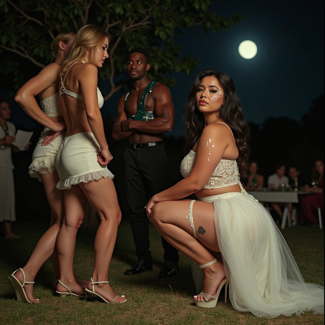 A young mature Latina woman with fair skin, wide hips, prominent buttocks, thick legs, and well-defined calves, showcasing a tattoo of the ace of spades on her lower thigh