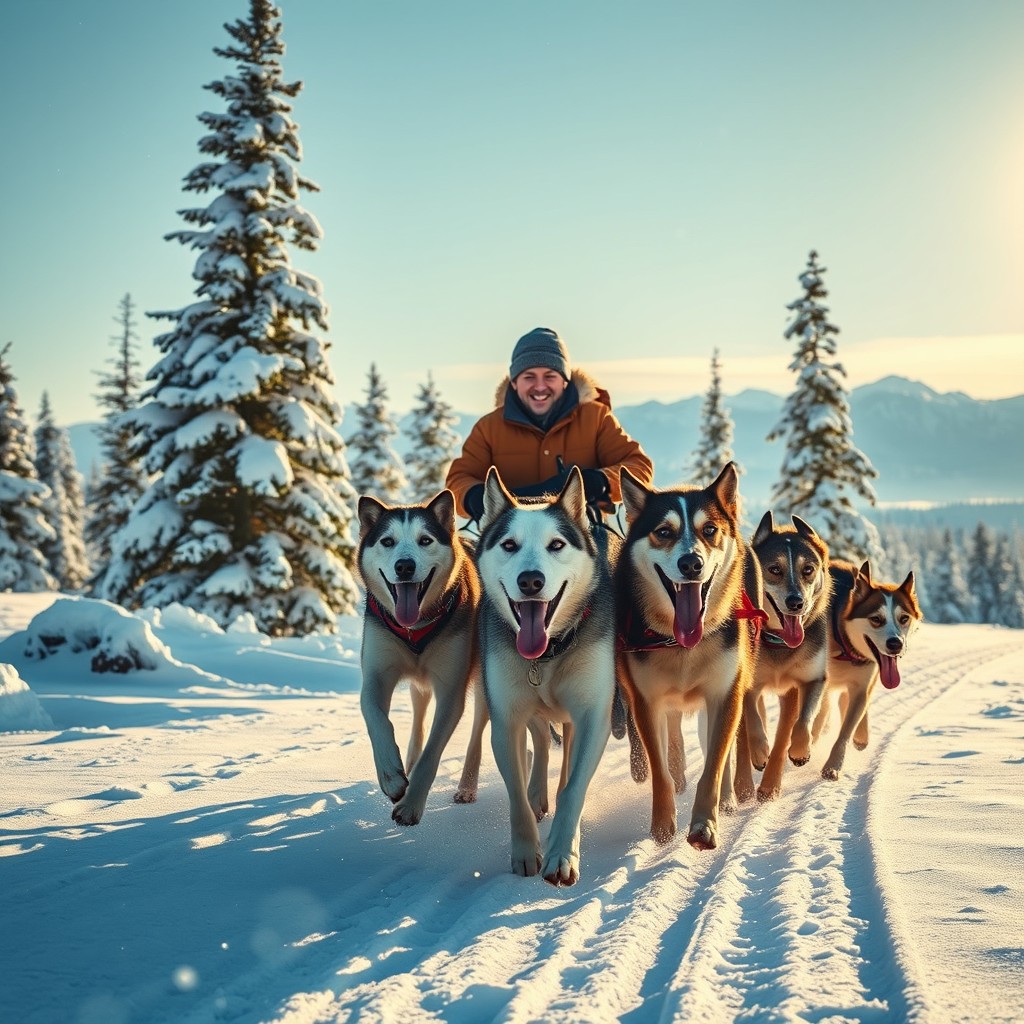 A dynamic and action-packed scene depicting a musher guiding a team of eager sled dogs through a snow-covered wilderness