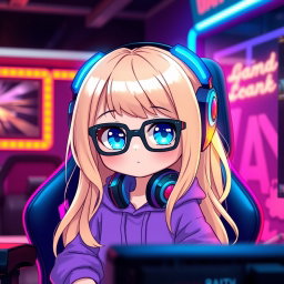 A chibi character of a gamer girl with long blonde hair and bright blue eyes, wearing a cozy purple hoodie