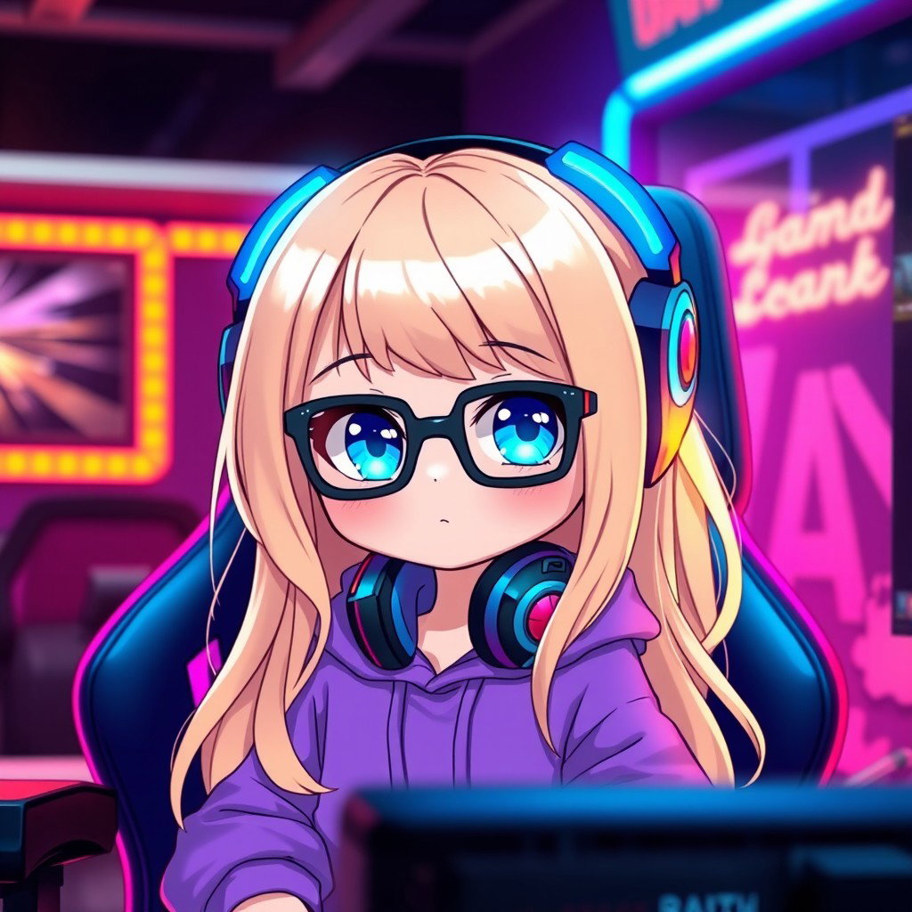 A chibi character of a gamer girl with long blonde hair and bright blue eyes, wearing a cozy purple hoodie