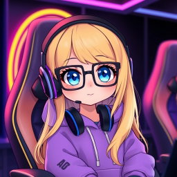 A chibi character of a gamer girl with long blonde hair and bright blue eyes, wearing a cozy purple hoodie